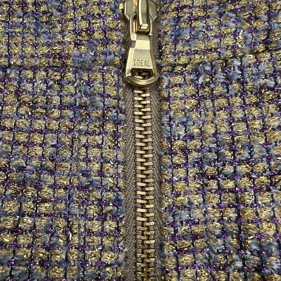 J. Crew Gold Metallic Sparkle Tweed Pencil Skirt Purple Gold Zip Front Size 10 - Picture 10 of 11